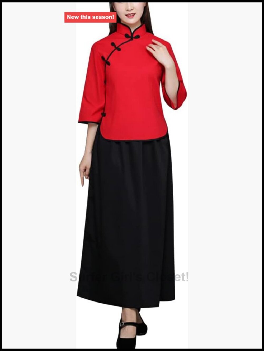 Vintage Chinese Blouse Skirt Set 3/4 Sleeve Mandarin Collar Top Traditional